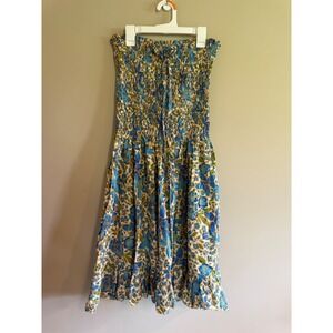 Island Planet Miami Beach Smocked Strapless Floral Cotton Midi Dress Blue Green